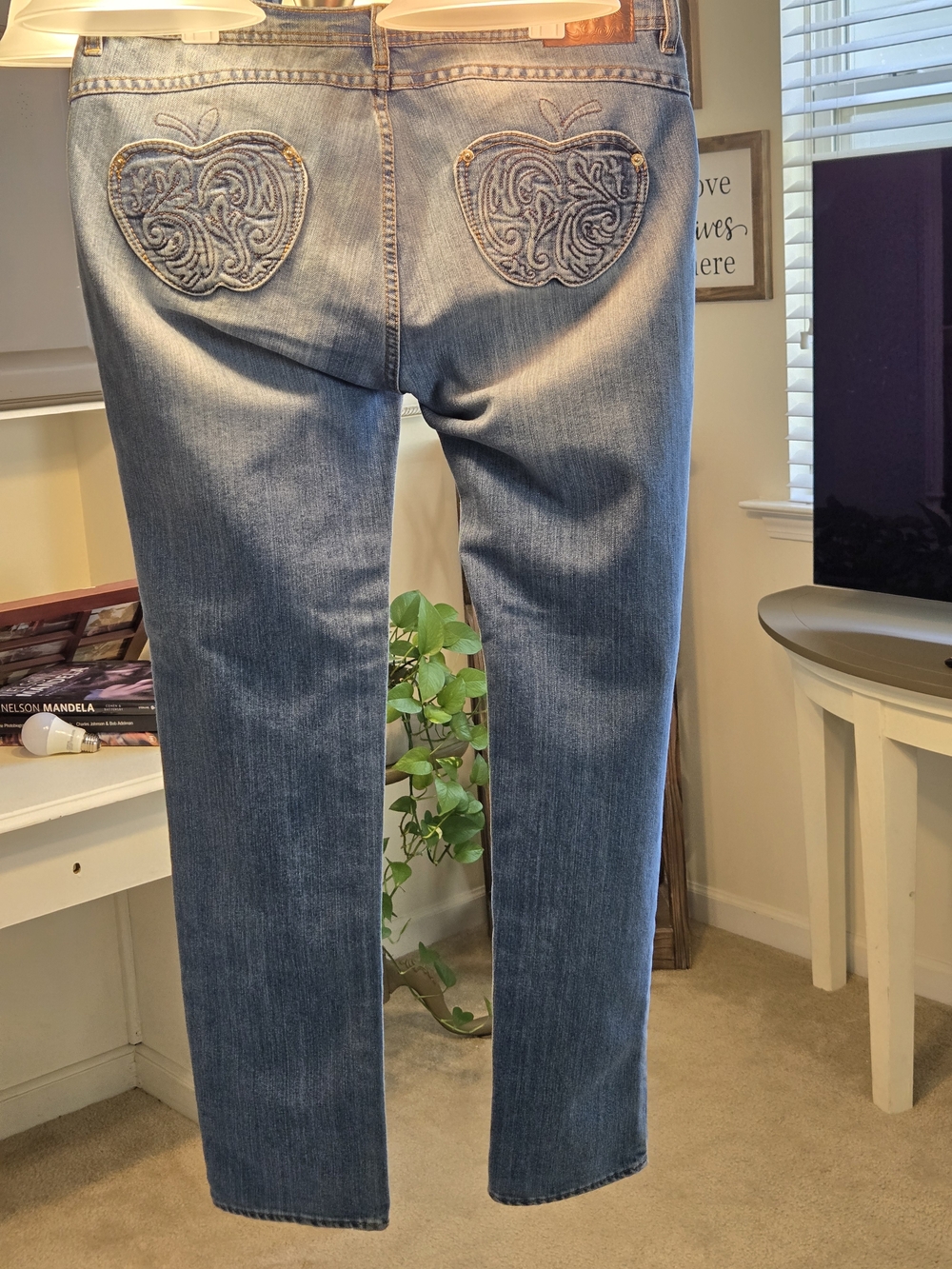 Apple Bottoms Medium Blue Straight-Leg Jeans with Embroidered Apple Pockets